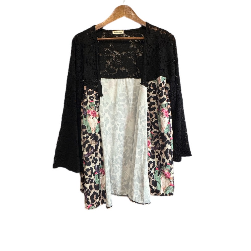 Southern Stitch Cardigan Womens S-M‎ Black Leopard Excellent Lace Western Boho
